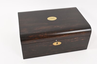 Lot 735 - Victorian coromandel jewellery box/work box with domed top and fitted interior, retailed by 'B. B. Wells, Cutler, Strand & City'