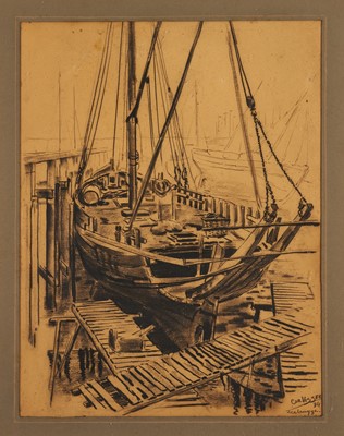Lot 281 - *Cor Visser (1903-1982) charcoal on paper - 'Boat in for repairs Zeebrugge', signed, inscribed and dated '34, further titled verso, 47.5cm x 37.5cm, in glazed frame