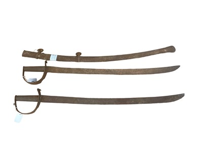 Lot 995 - Pair Georgian naval cutlasses with half figure of eight guards, curved fullered blades with ' Man in the Moon' and Sun cutlers marks ( rusted overall) and a sabre scabbard (3)