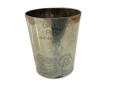 Lot 830 - Second World War interest- silver plated one pint tankard, hand decorated by a British Prisoner of War, 'A Williams Broken Hill, Changi P.O.W. 15-2-42' with depiction of man behind barbed wire.