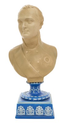 Lot 93 - Early 19th century cane ware bust probably Wedgwood of  Tsar Alexander I (1777-1825), on square Jasper ware base