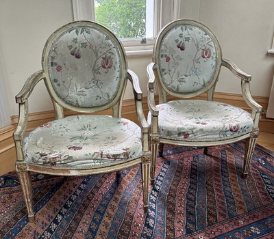 Lot 1501 - Pair of 18th century painted open armchairs, in the Louis XVI style