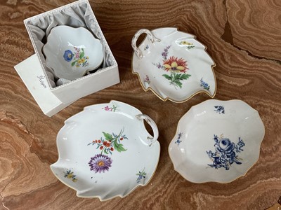 Lot 1548 - Boxed Meissen leaf form dish, another without box, a similar dish and a Meissen blue and white dish