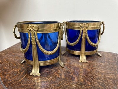 Lot 1556 - Pair of ormolu and blue glass cache pots
