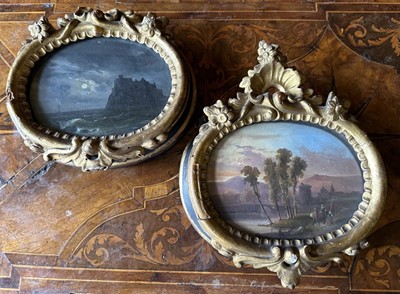 Lot 1591 - Salvatore Fergola (1799-1874) oil on canvas, oval landscapes, night and day, in period frames
