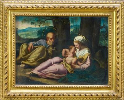Lot 1596 - Simone Cantarini (1612-1648) oil on copper, Il Riposodella Madonna