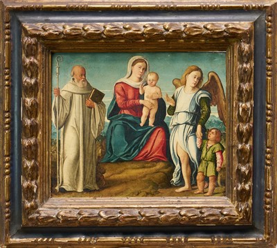 Lot 1600 - Girolamo da Santacroce (1480-1556) oil on panel, Mother and child with attendant Saint and archangels
