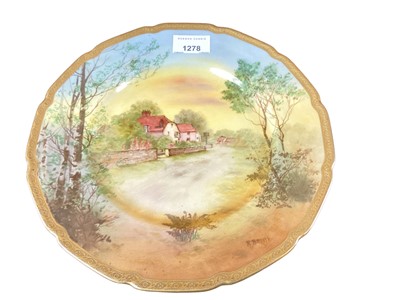 Lot 1166 - Pair of good quality Royal Doulton plates with gilt rims and hand painted decoration - The Inn Willington Sussex and Hartfield Inn Sussex, signed R Brown