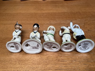 Lot 1192 - Five Royal Doulton Bunnykins figures - Batsman DB144, Bowler DB145, Wicketkeeper DB150, Out For A Duck DB160 and Cricket Umpire DB360, all boxed (last two have certificates)