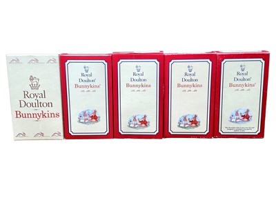 Lot 1192 - Five Royal Doulton Bunnykins figures - Batsman DB144, Bowler DB145, Wicketkeeper DB150, Out For A Duck DB160 and Cricket Umpire DB360, all boxed (last two have certificates)