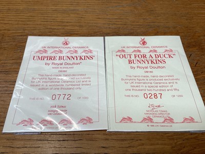 Lot 1192 - Five Royal Doulton Bunnykins figures - Batsman DB144, Bowler DB145, Wicketkeeper DB150, Out For A Duck DB160 and Cricket Umpire DB360, all boxed (last two have certificates)