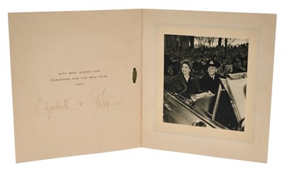 Lot 26 - T.R.H. The Princess Elizabeth Duchess of Edinburgh (later H.M.Queen Elizabeth II) and The Duke of Edinburgh scarce signed 1951 Christmas card with gilt embossed Royal crest to cover, black and whi...