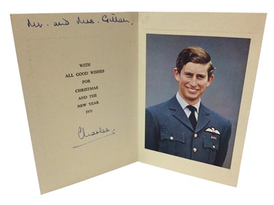 Lot 48 - H.R.H.Prince Charles The Prince of Wales (now H.M.King Charles III), scarce signed and inscribed 1971 Christmas card with gilt embossed Prince of Wales feather crest to cover, photograph of the Pr...