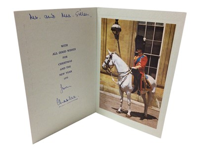 Lot 52 - H.R.H.Prince Charles The Prince of Wales ( now H.M.King Charles III), scarce signed and inscribed 1975 Christmas card with blue printed Prince of Wales feather crest to cover, photograph of the Pri...