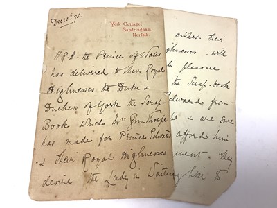 Lot 77 - Victorian Royal Lady in Waiting letter dated 1895 York Cottage, Sandringham