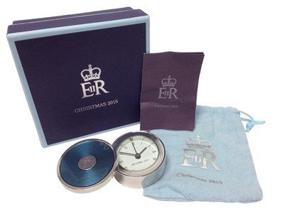 Lot 67 - H.M.Queen Elizabeth II, 2015 Royal Household Christmas present silver plated and enamel circular travelling alarm clock with engraved crowned ERII cypher in cotton bag and original box with card