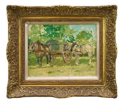 Lot 880 - *Henry Séné (1889-1961) oil on panel - Cart Horses at Rest, signed, inscribed verso, 27cm x 35cm, in gilt frame