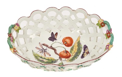 Lot 272 - Derby pierced oval basket, painted in ‘Moth Painter’ style, circa 1758