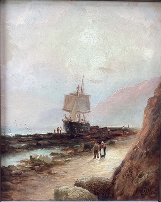 Lot 184 - E. Bland, Edwardian oil on board - Ship on the Shore, Scalby Head, signed and dated 1902, 26cm x 21cm, in gilt frame
