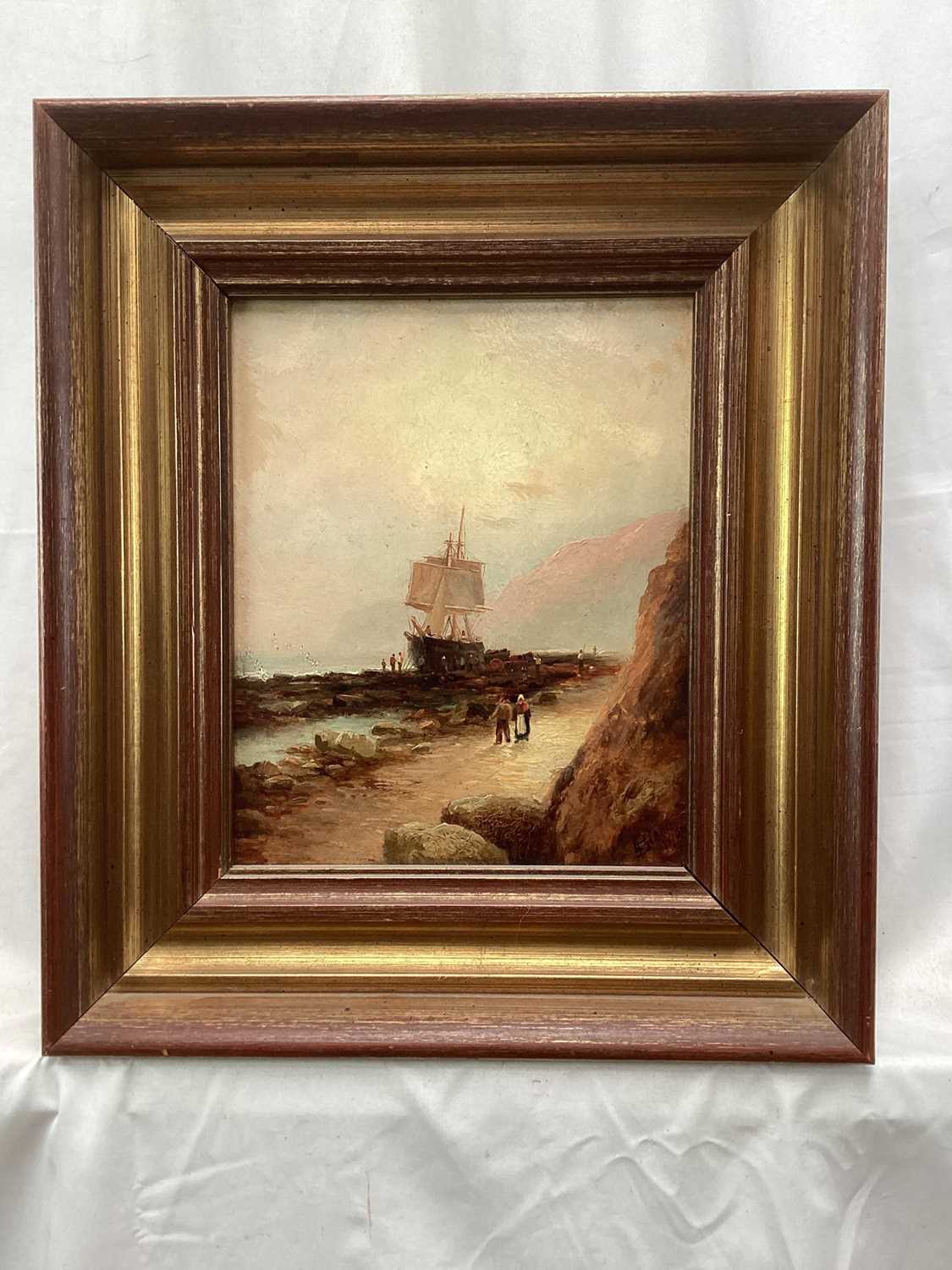 Lot 184 - E. Bland, Edwardian oil on board - Ship on the Shore, Scalby Head, signed and dated 1902, 26cm x 21cm, in gilt frame