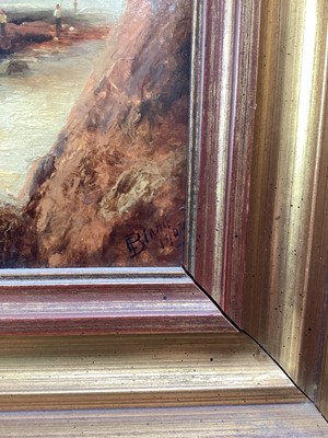 Lot 184 - E. Bland, Edwardian oil on board - Ship on the Shore, Scalby Head, signed and dated 1902, 26cm x 21cm, in gilt frame