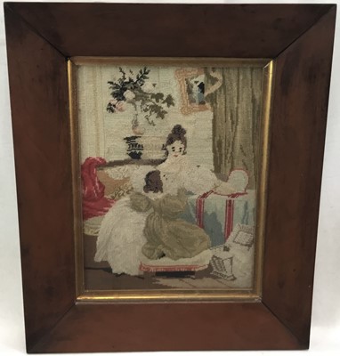 Lot 230 - Two 19th century needlework pictures depicting figures, in maple veneered frames