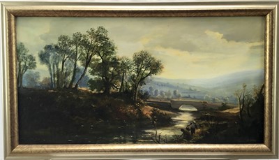 Lot 123 - Andre De Moller (Born 1942) river landscape with trees in the foreground, a bridge beyond, signed, in gilt frame. 41 x 76cm.