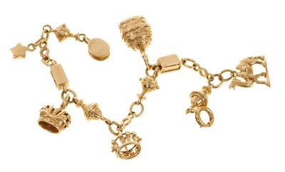 Lot 526 - Cassandra Goad gold charm bracelet with Christmas charms depicting the three crowns of the three Wise Men, North Star and a camel