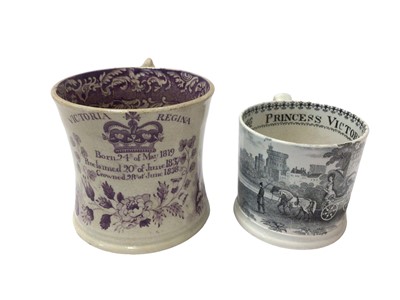 Lot 117 - Scarce Queen Victoria Coronation commemorative pottery mug of waisted form printed in puce with her portrait and crowned legend dated 1838 8.3cm high and Princess Victoria Adelaide Mary Louisa pott...