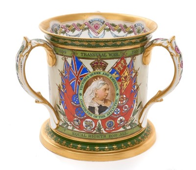 Lot 120 - Fine Victorian Copeland limited edition tyg 'Edition DeLuxe for T.Goode & Co. No 35 of 100 copies', commemorating the Boer War 1899-1900 decorated with portrait of the Queen, patriotic scenes and m...