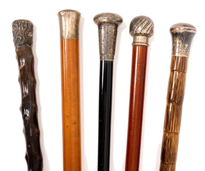 Lot 840 - Five various 19th century silver mounted walking sticks