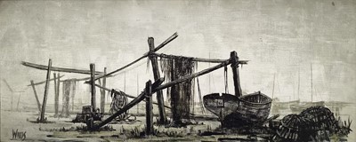 Lot 94 - Willis, two 1960s oils on board - Fishing Boats, signed, 37cm x 90cm, in unmatching frames
