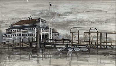 Lot 49 - Jean Baker (Contemporary) mixed media - Lymington Yacht Club 1964, signed, titled verso, 44cm x 77cm, in glazed frame