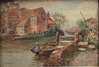 Lot 82 - 19th century watercolour on board depicting a young boy standing in water with mill behind, signed H Z Hermann, in gilt frame