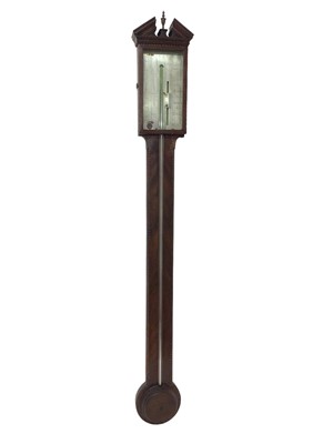 Lot 877 - George III mahogany stick barometer with architectural pediment