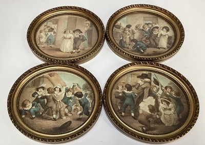 Lot 192 - Set of four oval gilt framed antique engravings depicting children playing