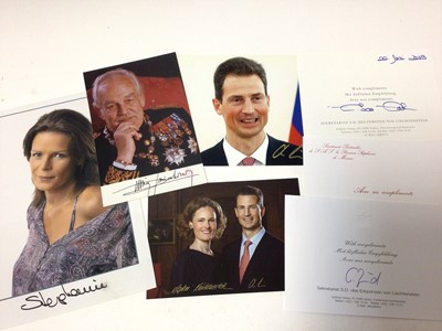 Lot 177 - A collection of European signed Royal photographs including Prince Rainier of Monaco, Princess Stephanie of Monaco, Prince Alois of Liechtenstein plus signed compliment slips (6)