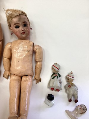 Lot 1955 - Three dolls French Tete Jumeau 8 bisque head, brown fixed eyes closed mouth, painted lips lashes and brows, blonde ringlets, composite body marked Jumeau Paris. S H 1079 DEP & bisque head doll with...