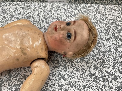 Lot 1955 - Three dolls French Tete Jumeau 8 bisque head, brown fixed eyes closed mouth, painted lips lashes and brows, blonde ringlets, composite body marked Jumeau Paris. S H 1079 DEP & bisque head doll with...