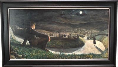 Lot 1365 - *Charles Oakley, contemporary, oil on board - Figures before a Moonlit Cemetery, artist's label verso, 49cm x 95cm, framed