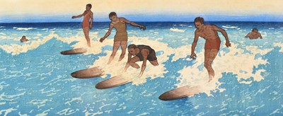 Lot 1100 - Charles William Bartlett (1860-1940) signed woodcut - Surf-Riders, Honolulu