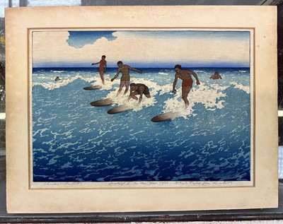 Lot 1100 - Charles William Bartlett (1860-1940) signed woodcut - Surf-Riders, Honolulu