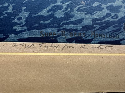 Lot 1100 - Charles William Bartlett (1860-1940) signed woodcut - Surf-Riders, Honolulu