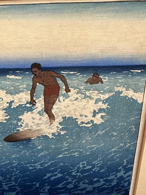 Lot 1100 - Charles William Bartlett (1860-1940) signed woodcut - Surf-Riders, Honolulu