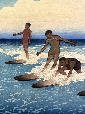 Lot 1100 - Charles William Bartlett (1860-1940) signed woodcut - Surf-Riders, Honolulu