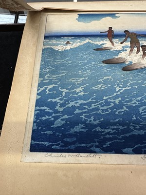 Lot 1100 - Charles William Bartlett (1860-1940) signed woodcut - Surf-Riders, Honolulu