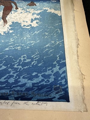 Lot 1100 - Charles William Bartlett (1860-1940) signed woodcut - Surf-Riders, Honolulu