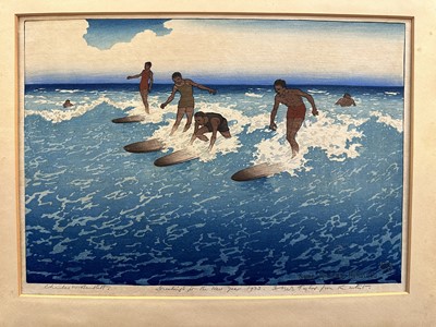 Lot 1100 - Charles William Bartlett (1860-1940) signed woodcut - Surf-Riders, Honolulu
