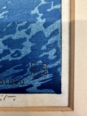 Lot 1100 - Charles William Bartlett (1860-1940) signed woodcut - Surf-Riders, Honolulu