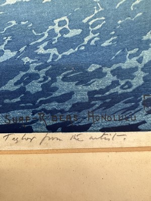 Lot 1100 - Charles William Bartlett (1860-1940) signed woodcut - Surf-Riders, Honolulu